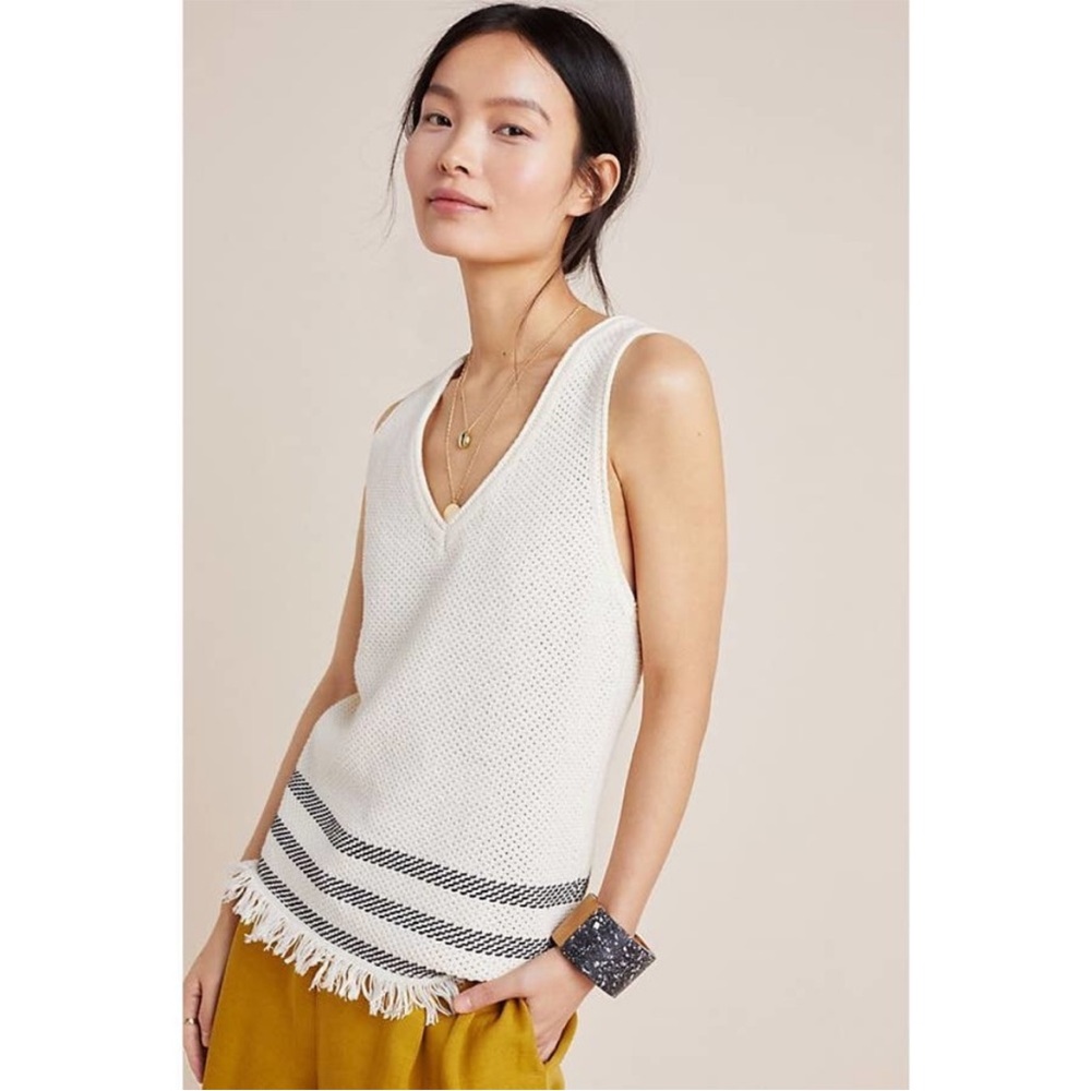 ANTHROPOLOGIE NWT Knit Tank Top with Striped Fringed Hem — Crochet Sweater Vest